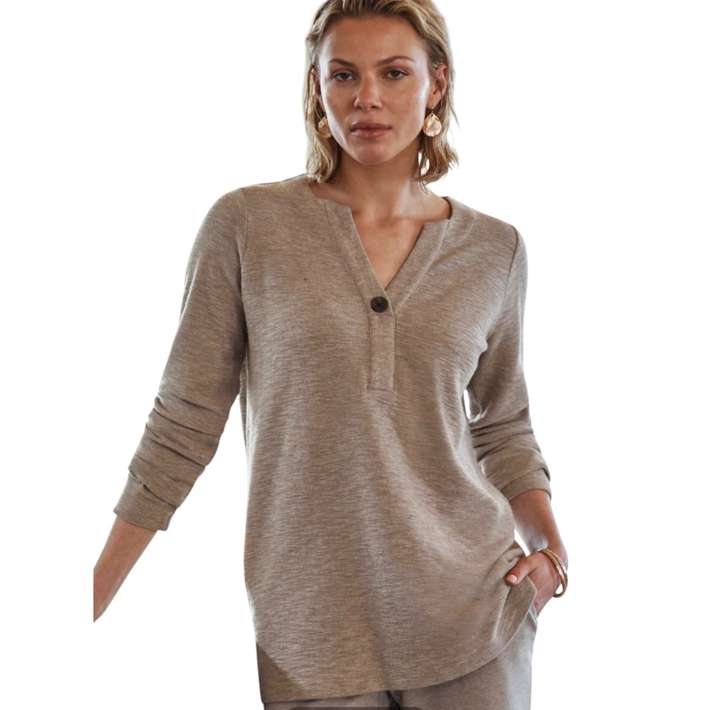 J. Jill Pure Jill Dark Khaki Heather Textured One-Button Top Organic Cotton S‎